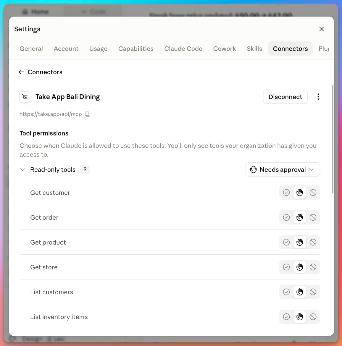 Claude connector settings showing Take App read-only tools set to Needs approval