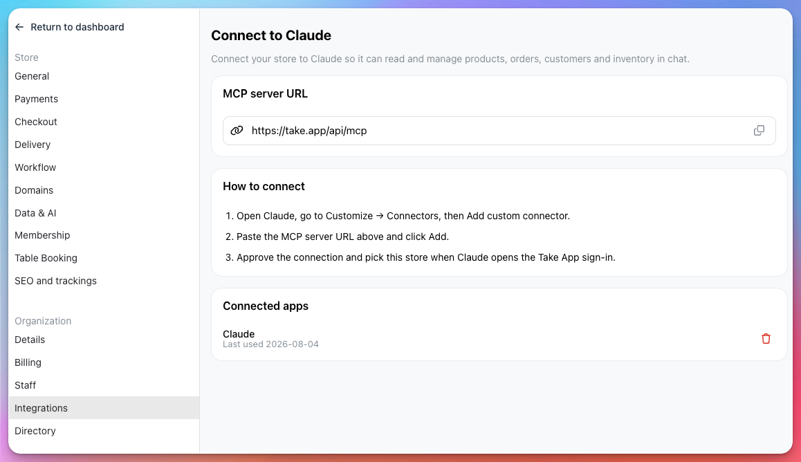 Take App How to connect steps with the MCP server URL